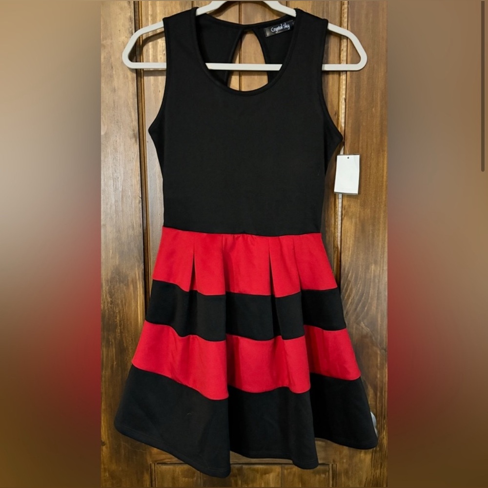 Crystal Sky Black and Red Fit and Flare Dress for Prom